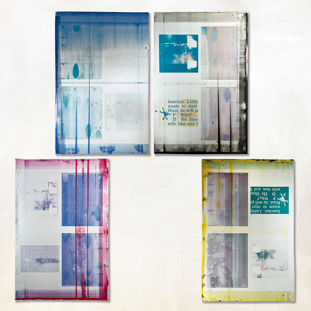 R.C. Baker Zapruder Rising, 2018 Four aluminum printing plates, emulsion, ink, solvent 35 x 22.75 inches, each