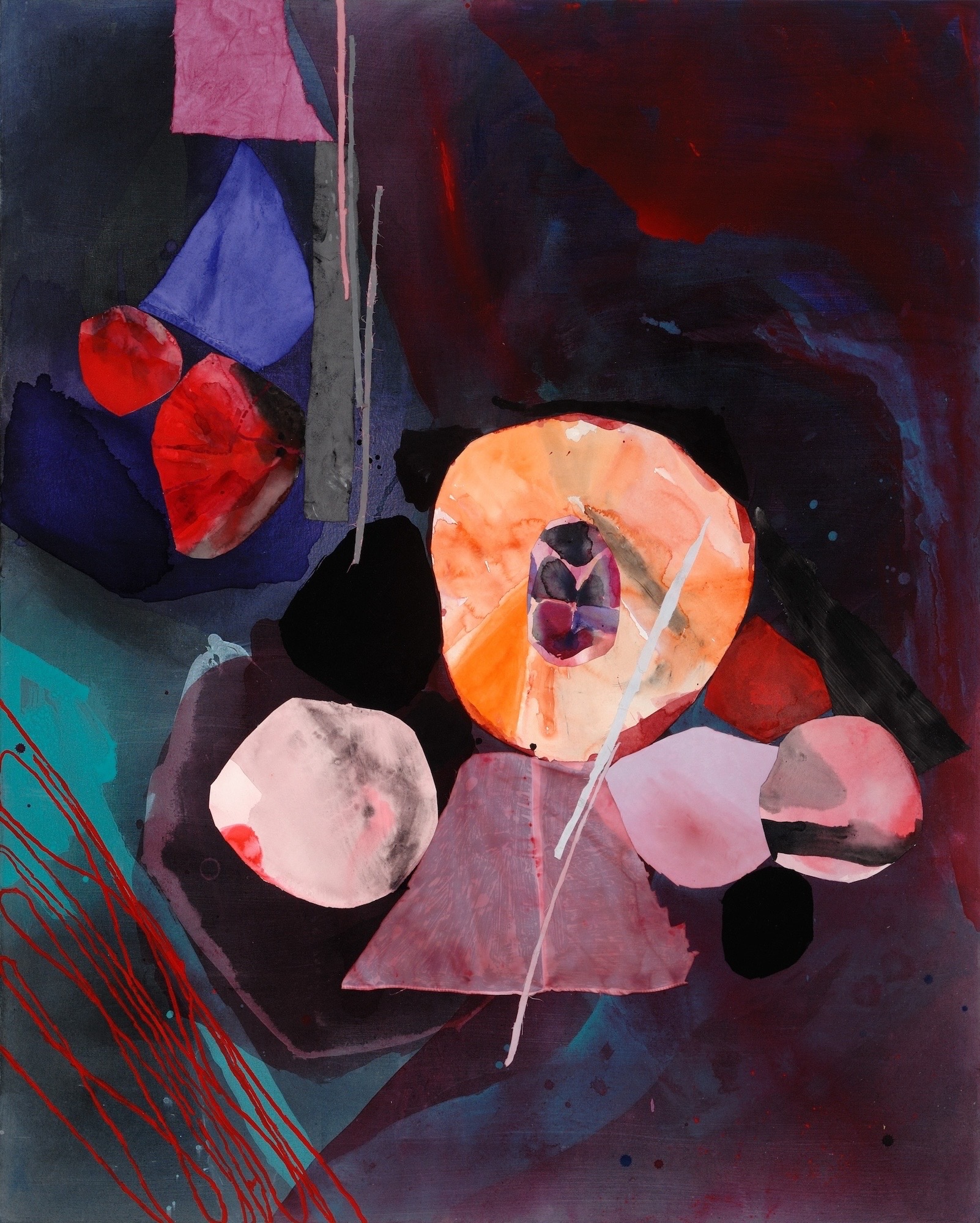 Sally Egbert Orange Hours, 2010 Oil, acrylic, oil pastel, spray paint, watercolor, hand-painted fabric on canvas 60 x 48 inches