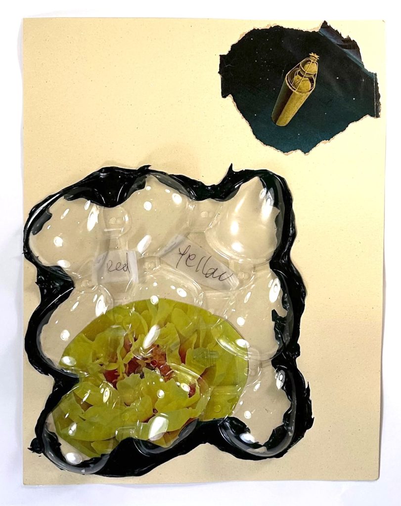 Bell and Ganassi Light Years Away, 2025-26 Plastic packaging, cutouts (comic book rocket ship, garden catalog flower), text on Scotch tape, and acrylic on paper 11 x 18.5 inches