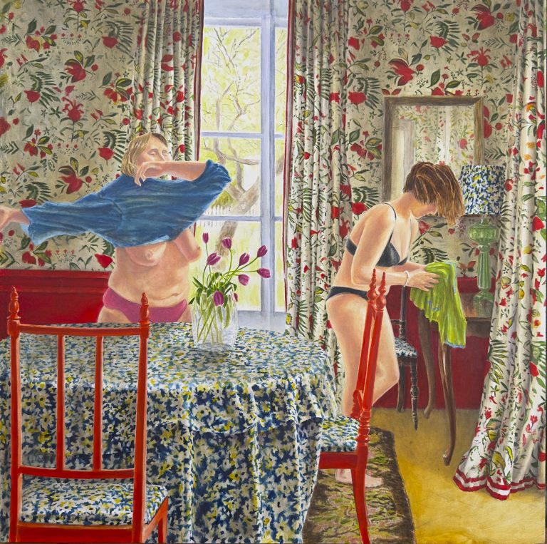Kevin Melchionne Shari Cooke And Her Daughter Stay At An Airbnb While Visiting Colleges In New England, 2023 Oil on panel 22 x 22 inches