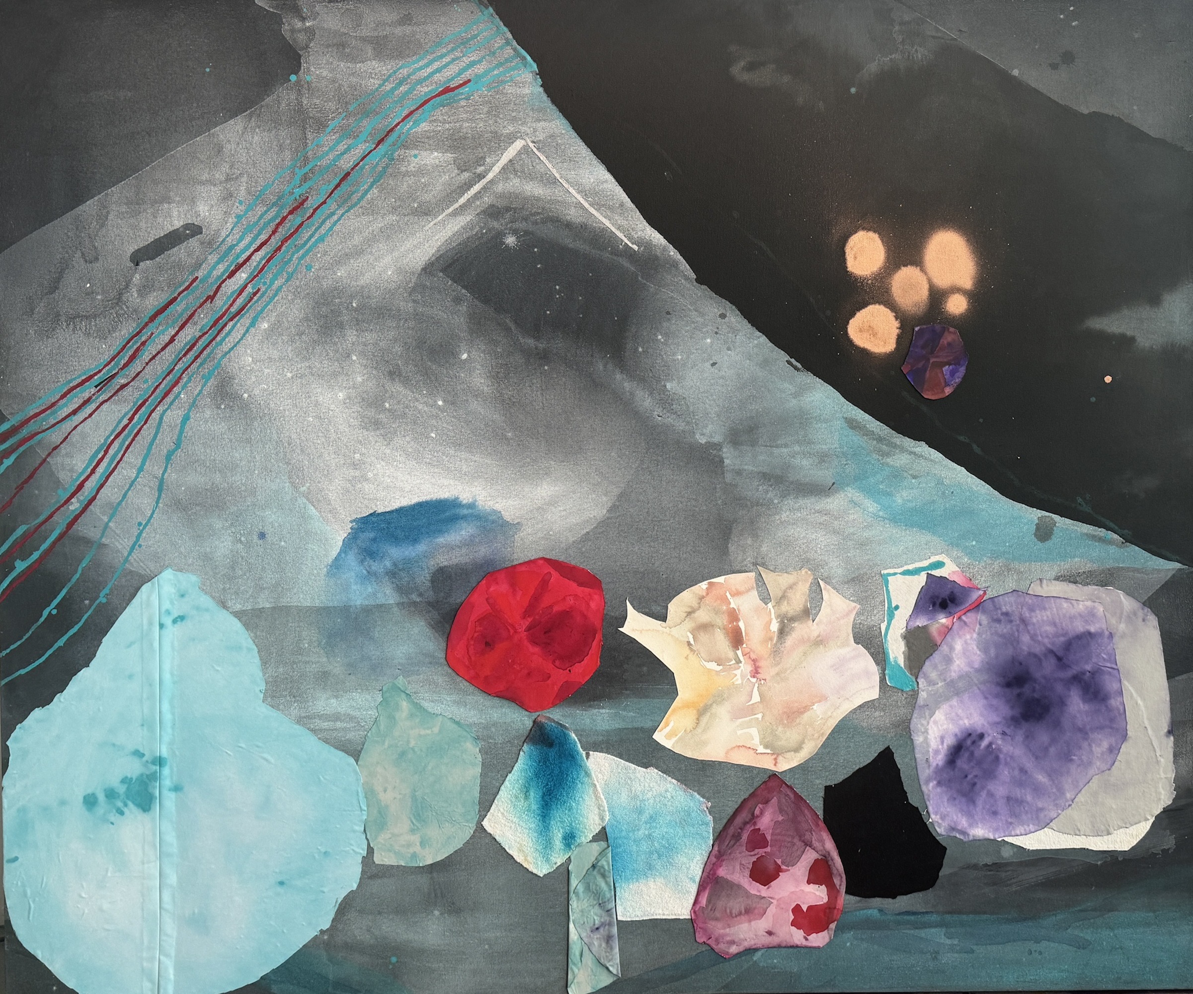 I Do, 2017 Oil, acrylic, oil pastel, spray paint, watercolor, hand-painted fabric on canvas 60 x 70 inches