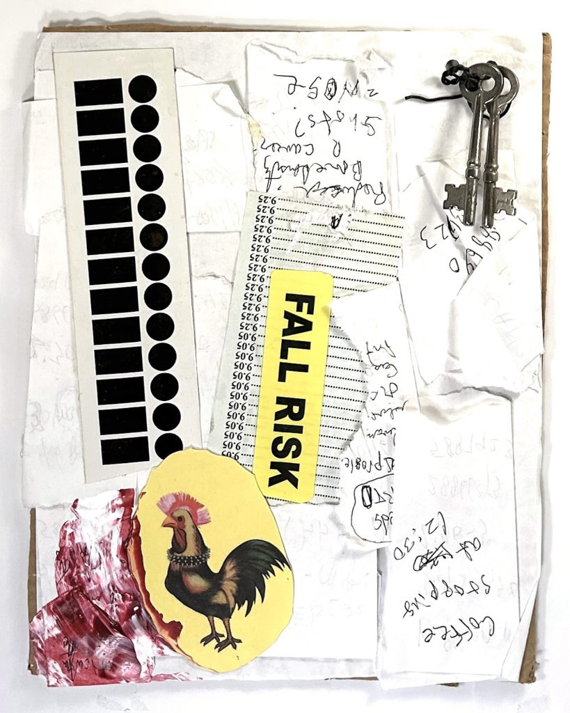 Bell and Ganassi Coffee Stop, 2025-26 Keys, cutouts (rooster, graphics, printed and handwritten text), and acrylic on paper on cardboard 11 x 9 inches