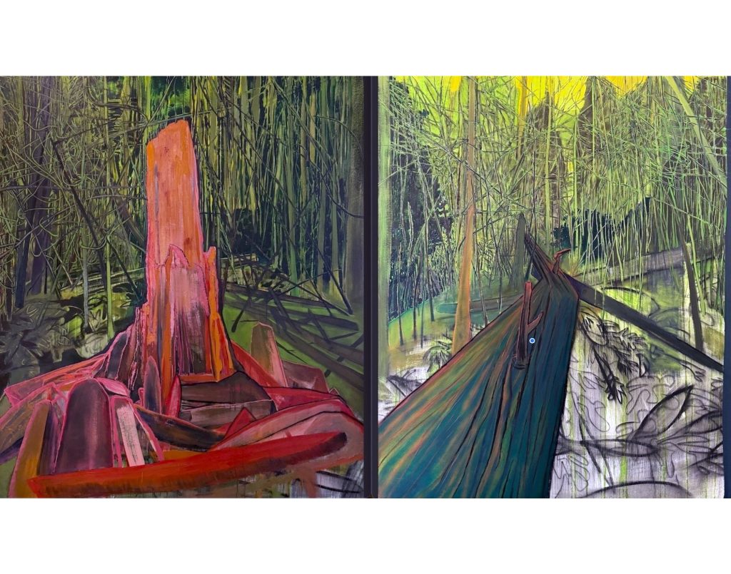 Sue McNally Kentucky Trees, KY, 2016 Oil and charcoal on canvas, a diptych 80 x 136 inches