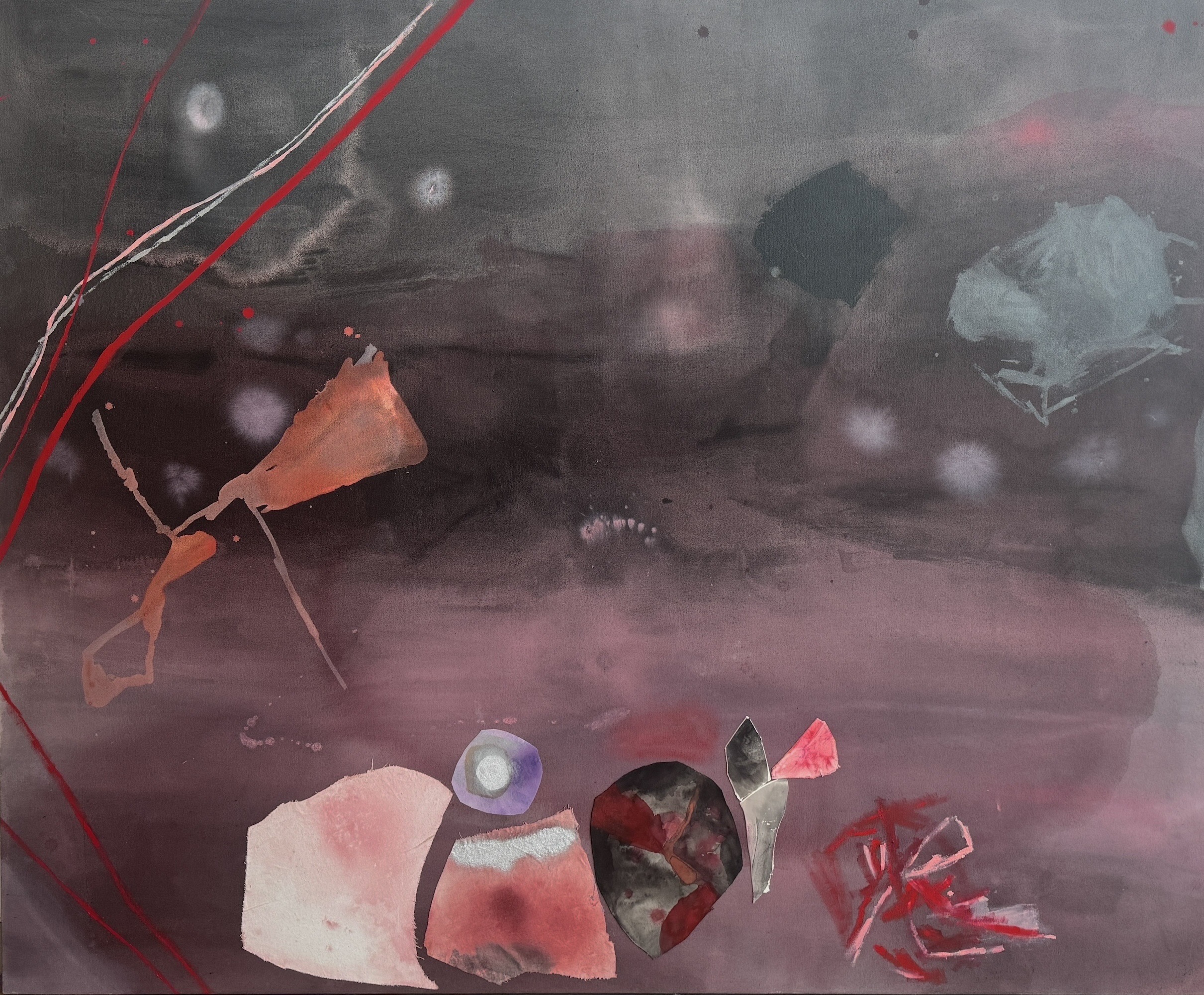 Sally Egbert Sky Flower, 2017 Oil, acrylic, oil pastel, spray paint, watercolor, hand-painted fabric on canvas 60 x 70 inches