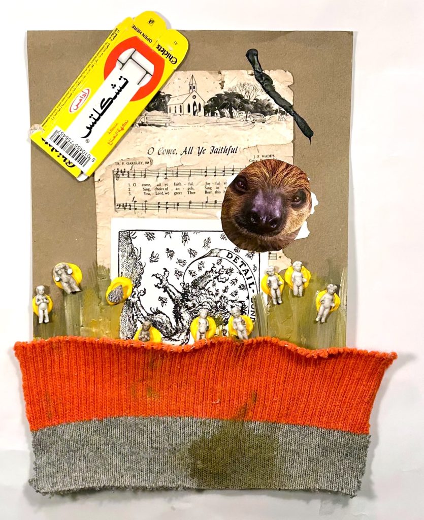 Bell and Ganassi All Ye Faithful, 2025-26 Chiclets box, cloth swath, found plaster figures, seashell, cutouts (sloth, music score, postcard), and acrylic on cardboard 12.5 x 10 inches