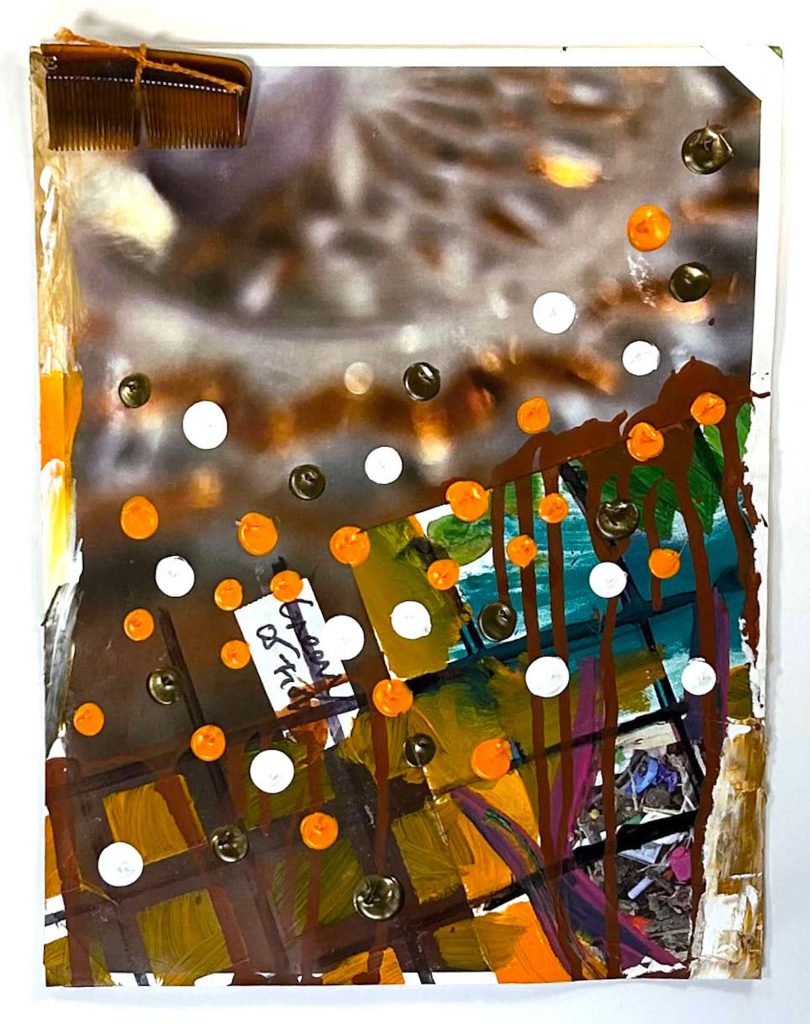 Bell and Ganassi Dot Matrix, 2025-26 Broken comb, cutouts (scattered Lego pieces, painting on paper), and acrylic on laser print (zoomed-in sun-catcher) on paper 11 x 8.5 inches