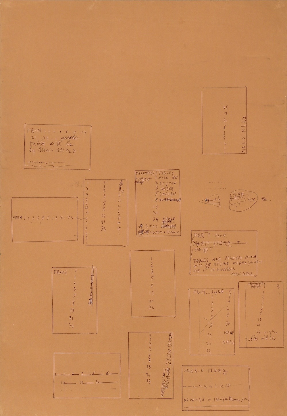 Mario Merz IT IS TO HAVE A SPACE WITH TABLE FOR NO ONE, 1973 Double-Sided Drawing; ‘ Tables from the drawing of Mario Merz expressed the ‘Fibonacci’ in a series of low modular Unique 37.5 x 26 inches, unframed Signed, dated, and inscribed