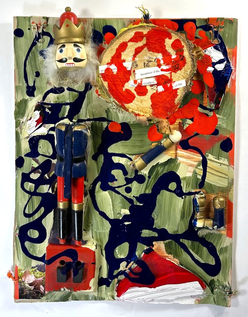 Bell and Ganassi Off With His Head, 2025-26 Segmented nutcracker, broken taillights, wood circle with bark, cutouts (text, dead leaf), and acrylic on cardboard 11.5 x 18.5 inches