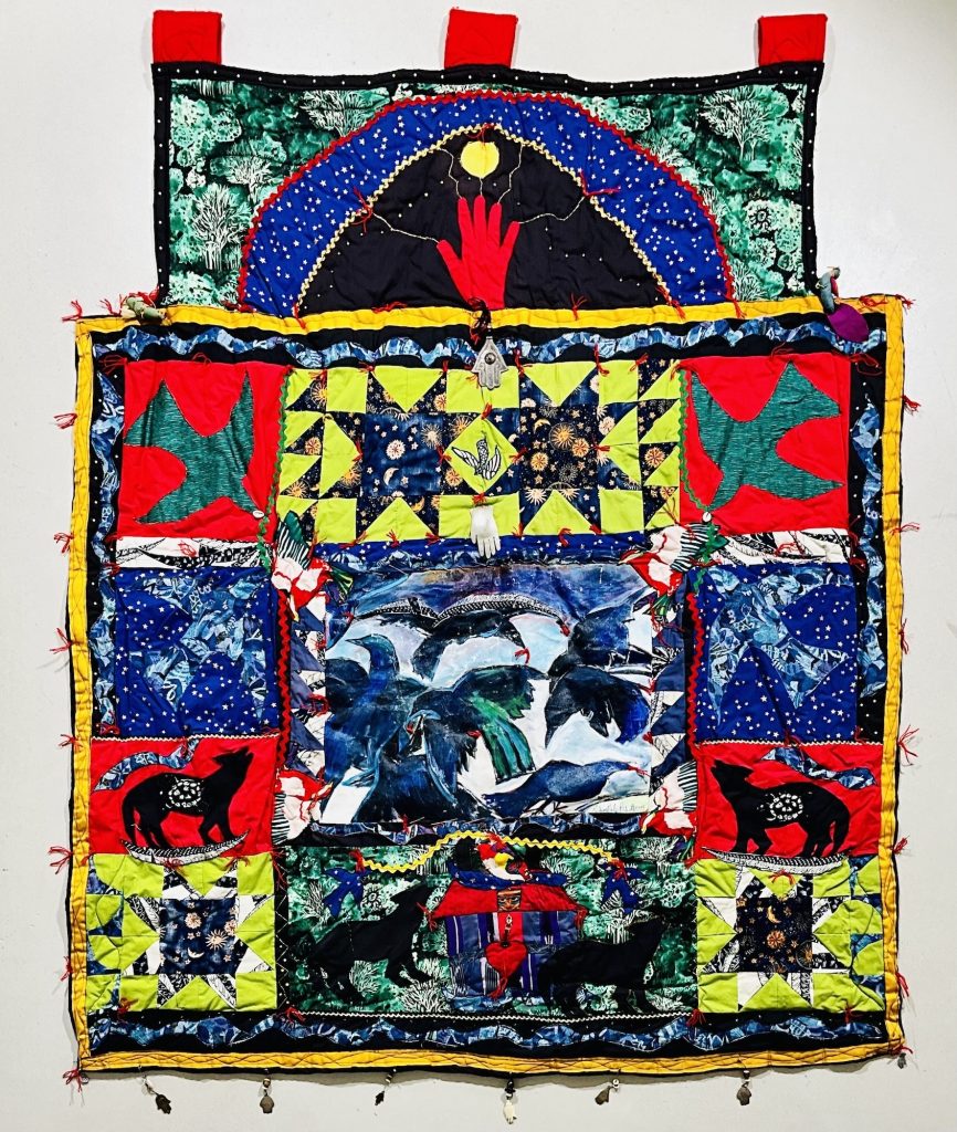 Janet Taylor Pickett Fly Away, 1993 Fabric construction with cowrie shells, beads, buttons, copper, silver charms, lockets, stuffed birds, on cotton, felt 76 x 57 inches Signed, dated, and inscribed by the artist