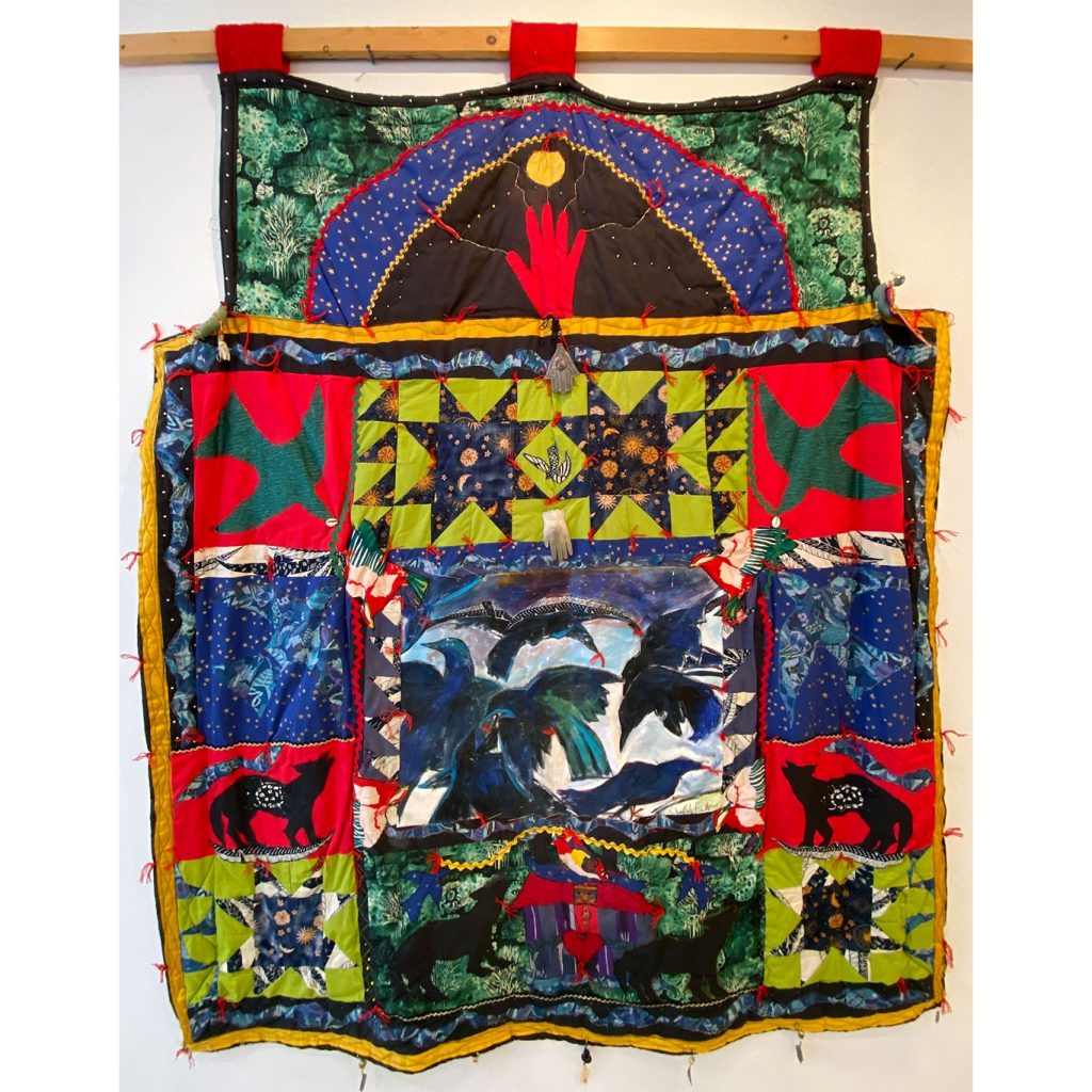 Janet Taylor Pickett Fly Away, 1993 Fabric construction with cowrie shells, beads, buttons, copper, silver charms, lockets, stuffed birds, on cotton, felt 76 x 57 inches Signed, dated, and inscribed by the artist