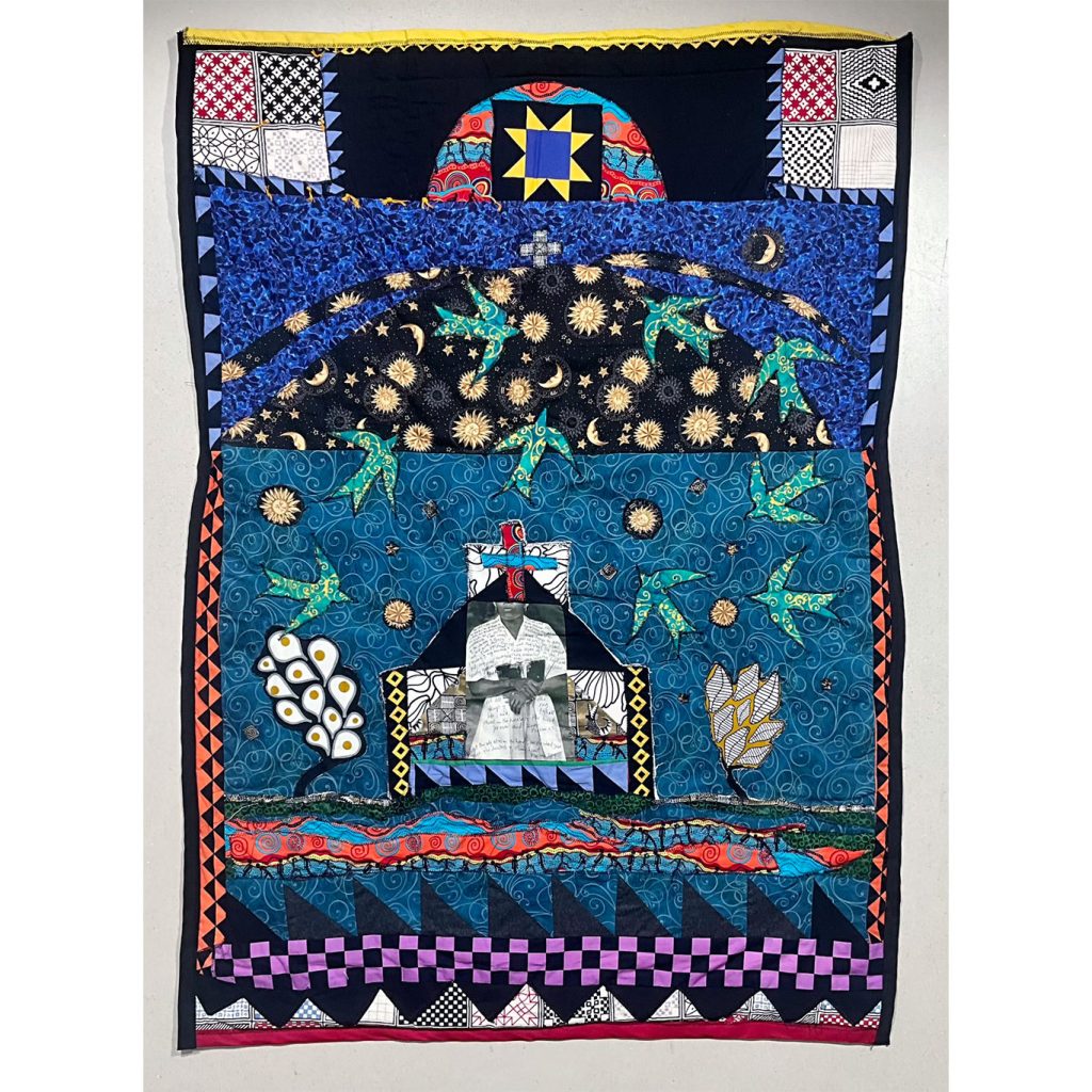 Janet Taylor Pickett Palm 23, 2008 Fabric construction with a vintage photograph, silver charms on cotton 55 x 44 inches Signed, dated, and inscribed Bible verses, “Psalm 23” and “Psalm 39” on the vintage photograph, in black ink on recto by the artist