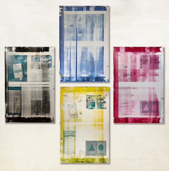 R.C. Baker Picasso’s CMYK Period, 2018-2023 Four aluminum printing plates, emulsion, ink, solvent 35 x 22.75 inches, each