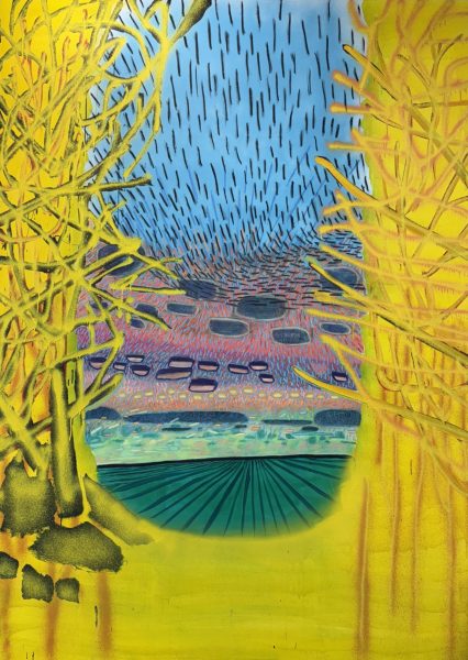 Sue McNally Edge, IN, 2025 Acrylic, oil pastel, charcoal on canvas 73 x 103 inches