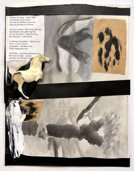 Bell and Ganassi The Corpses - Horse Latitudes, 2018 Plastic horse, mixed media, tape, and poem on paper — Accidental dog pawprints and a broken but still forward-looking horse tread a found ink wash painting on paper, overseen by Emily Dickinson's "I heard a Fly buzz - when I died - “ —