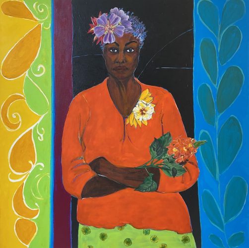 Janet Taylor Pickett She Blooms In Her Own Time, 2021 Acrylic and collage on canvas 40 x 40 in.