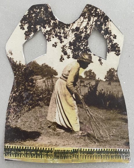 Janet Taylor Pickett Dresses Akimbo (Gardening), 2015 Acrylic, vantage photos, inkjet print, collages on paper 8 x 7 in.