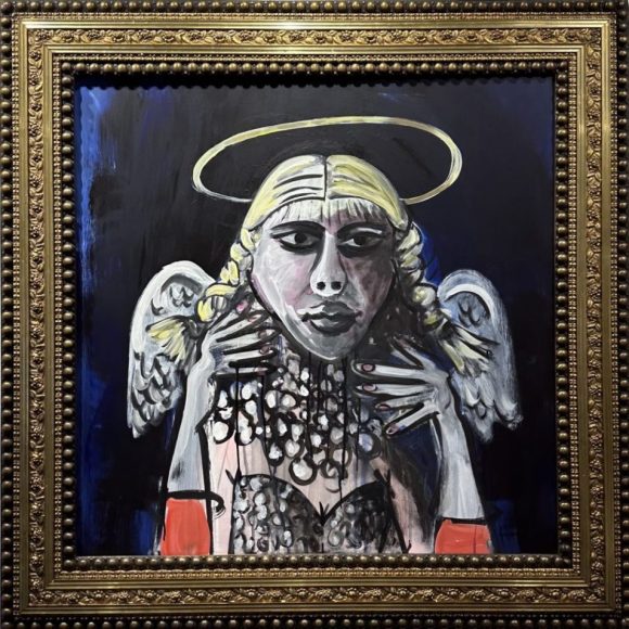 Deborah Buck I’m No Angel, 2023 Acrylic, pastel, sumi ink on wood panel with artist frame 38 x 38 in.