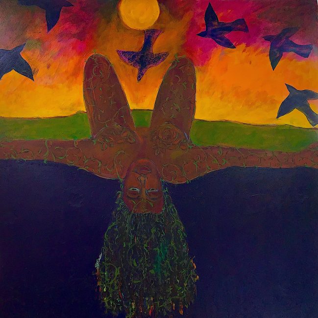 Janet Taylor Pickett Freyja, 2022 Acrylic, collage on canvas 48 x48 in.