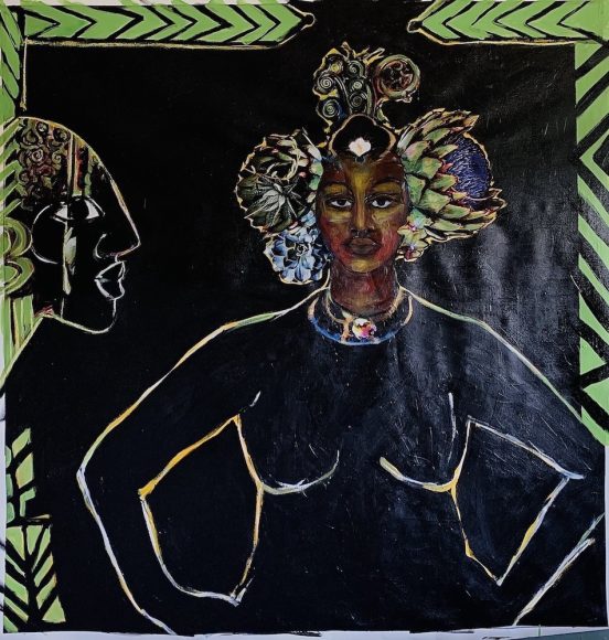 Janet Taylor Pickett Bearing Witness, 2023 Acrylic, collage on canvas 54 x 52 in.