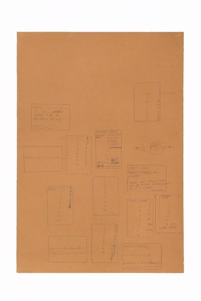 Mario Merz ‘IT IS AS POSSIBLE TO HAVE A SPACE WITH TABLES FOR 88 PEOPLE AS IT IS TO HAVE A SPACE TABLE FOR NO ONE,’ 1973 Double-sided pen drawing on paper 37.5 x 26 inches