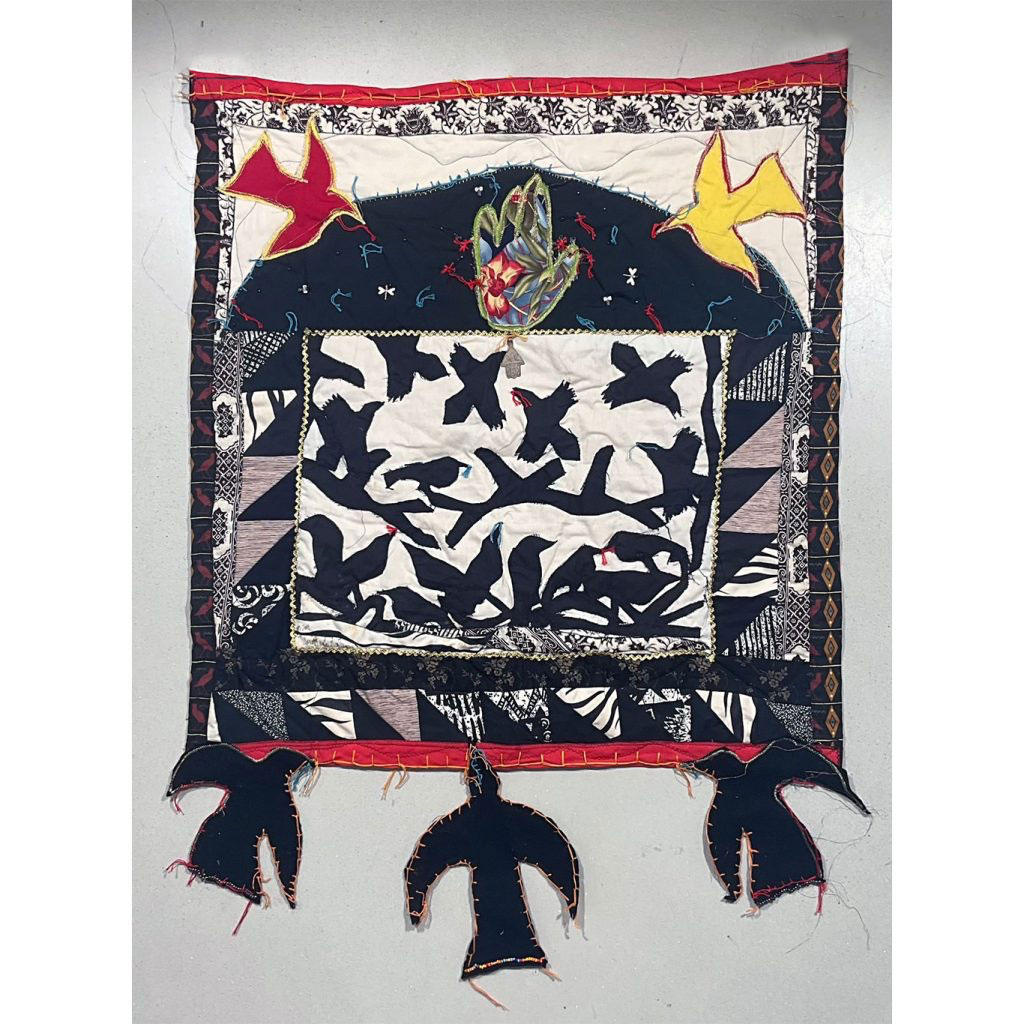 Janet Taylor Pickett Fly Away Home, 1993 Fabric construction with silver charms on cotton, felt 45 x 33 inches Signed, dated, and inscribed by the artist