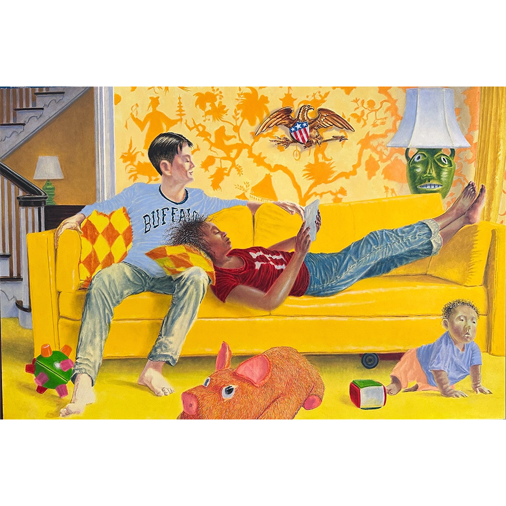 Kevin Melchionne Rearranging Things To Make Them More Believable, 2025 Oil on panel 24 x 36 inches