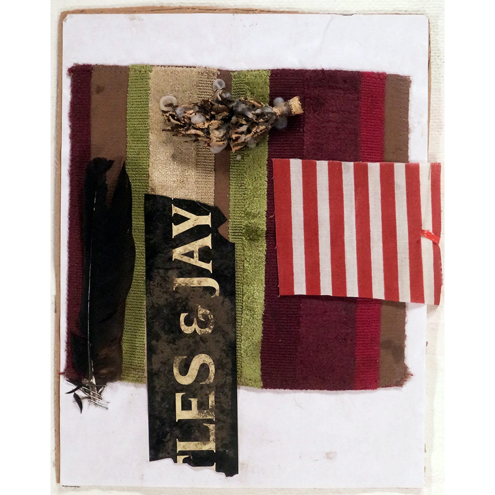 Bell and Ganassi The Corpses - Crow and Jay, 2013 Feather, fabric, pinecone, sign segment, and twist tie on paper on cardboard 8.5 x 11 inches