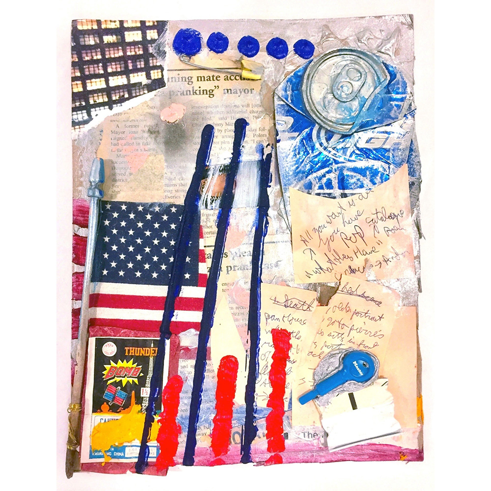 Bell and Ganassi The Corpses - Thunderspangle, 2017 Beer can, flag, firecracker wrapper, plastic key, text cutouts, postcard, and acrylic on paper 11.5 x 9 inches