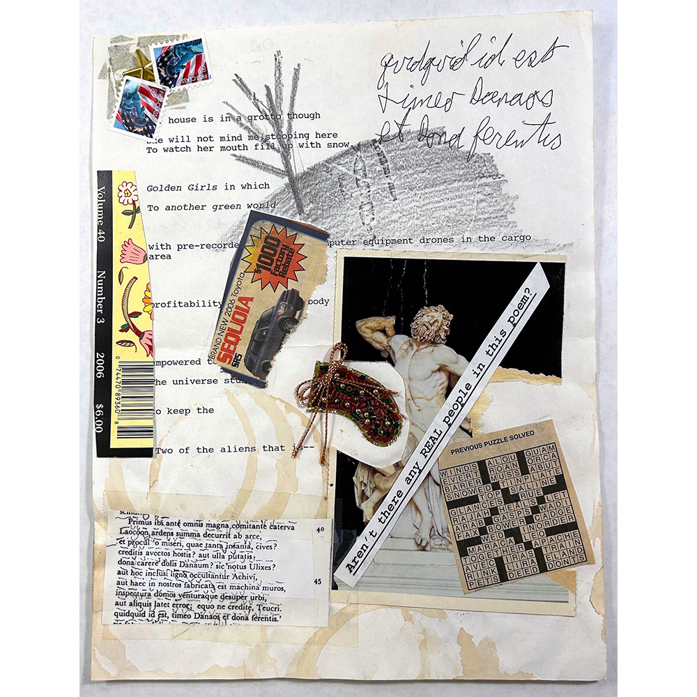 Bell and Ganassi The Corpses - Real People, 2005 Cutouts, postcards, beaded ornaments, stamps, text, and pencil on paper 11 x 8.5 inches