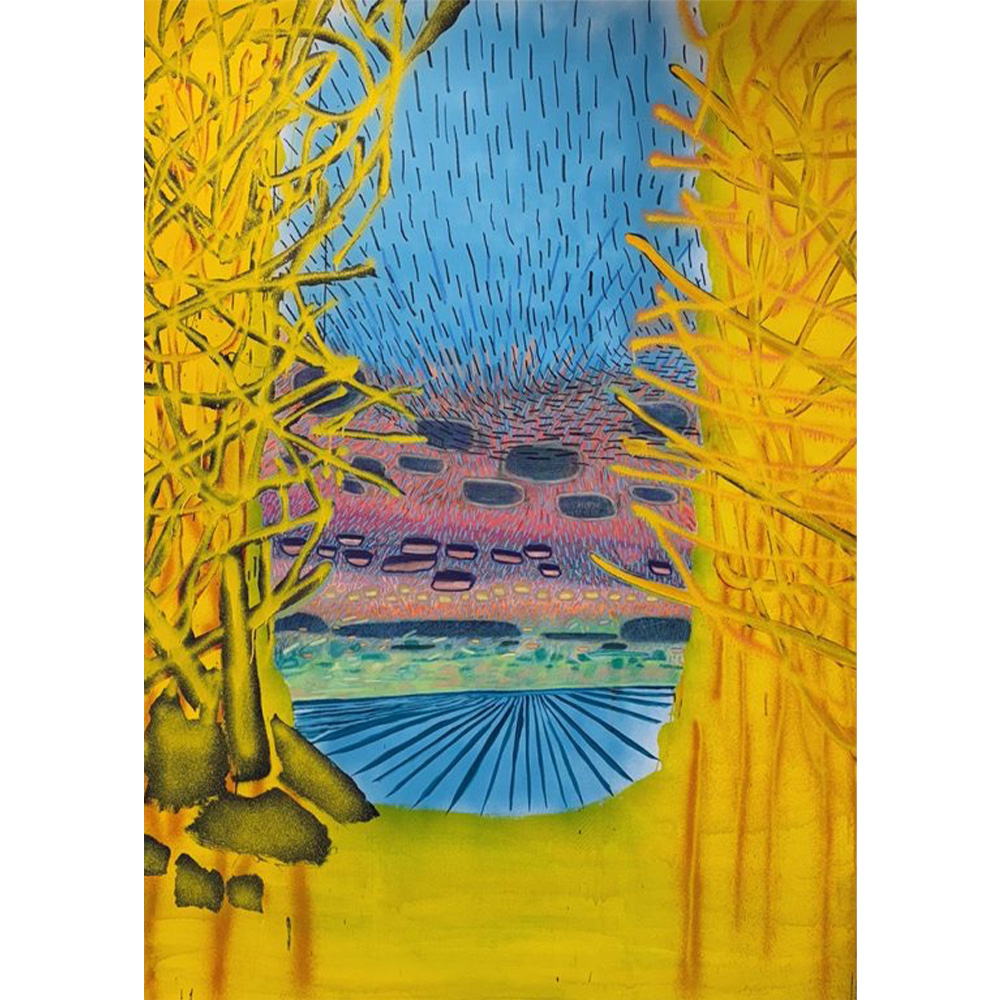 Sue McNally Edge, ID, 2025 Acrylic, oil pastel, charcoal on canvas 73 x 103 inches